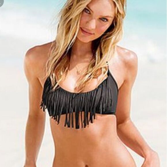 ✨Victoria's Secret Black Fringe Halter Bikini Top✨ - Picture 1 of 5